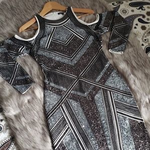 Express sequined peekaboo shoulder dress.